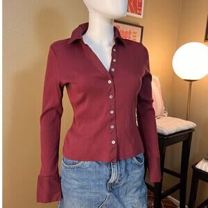 Veronica Beard Scottie Wine Ribbed Long Sleeve Button Down Top Small